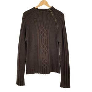 Vtg Brown Mens Cable Knit Wool Blend Sweater Zip Neck Size L Old‎ Money Heritage